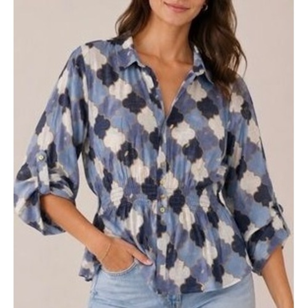 Alex & Parker Blue Quatrefoil Smocked Waist Roll Tab Sleeve Blouse XL AP408
